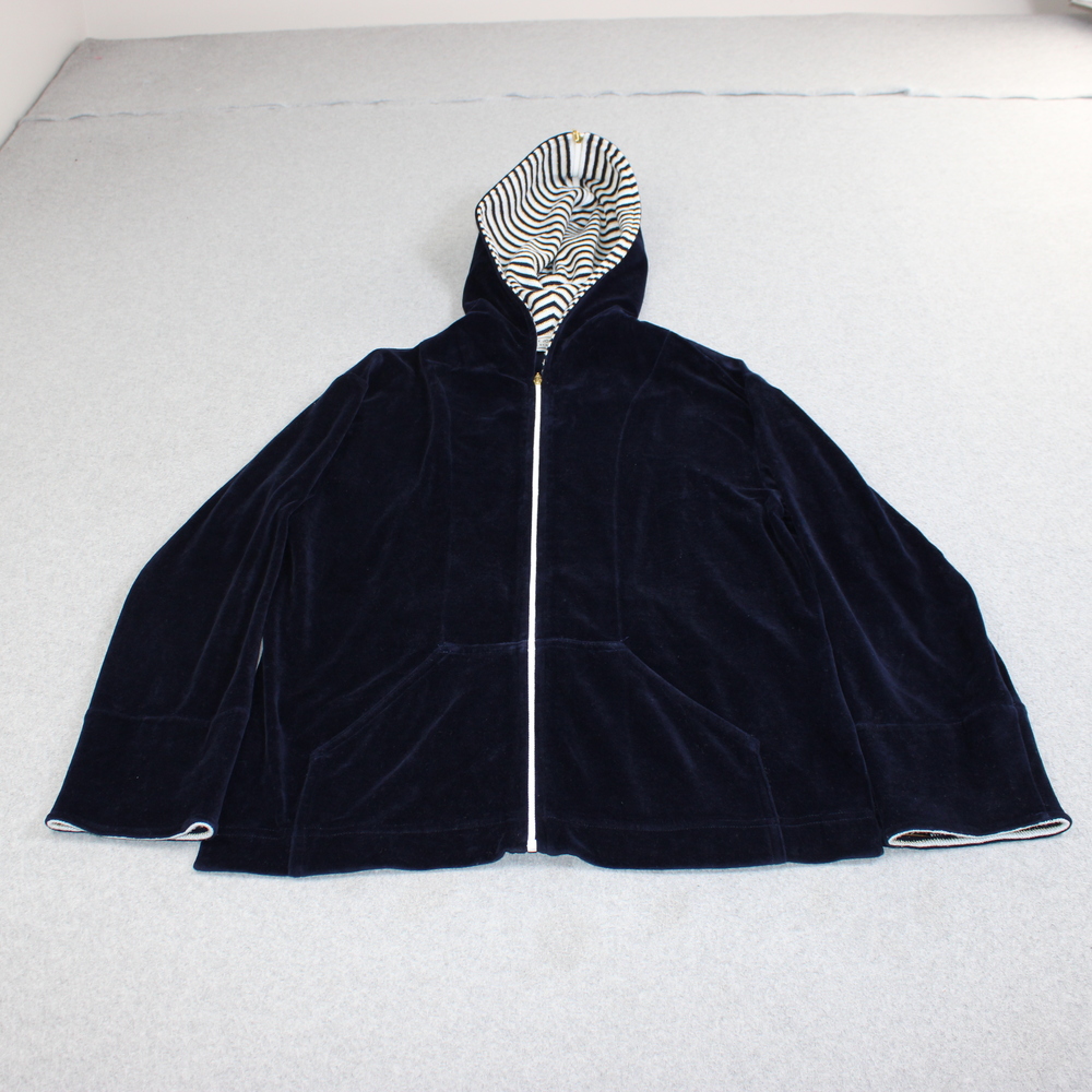 St John Sport Hoodie Women Medium P Blue Velour Full Zip USA Jacket Nautical